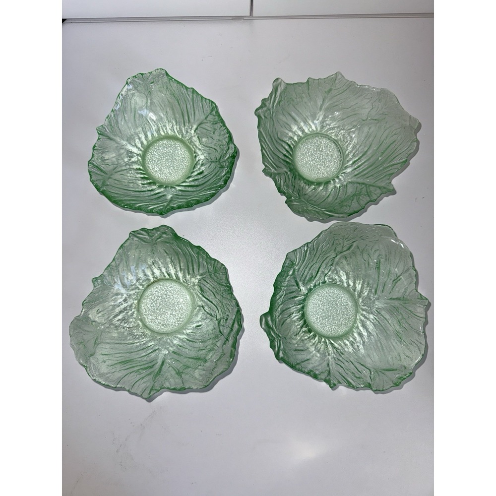 Dalzell Viking Glass Cabbage Leaf Salad Bowls- Green Frosted Set Of 4